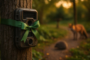 Wildcamera met groene strik aan boom in tuin bij zonsondergang, met een vage vos en egel op de achtergrond.