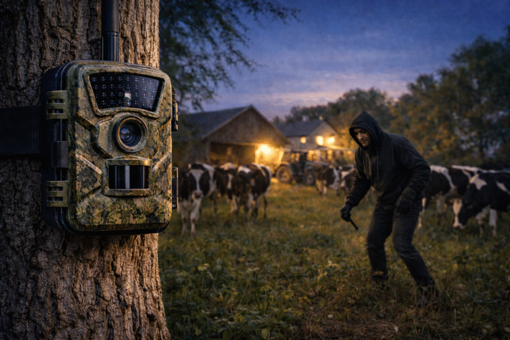 Wildcamera als beveiligingscamera detecteert indringer tussen koeien op boerenerf