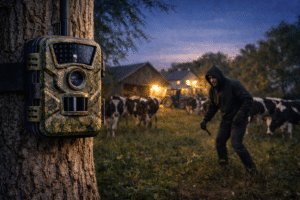 Wildcamera als beveiligingscamera detecteert indringer tussen koeien op boerenerf